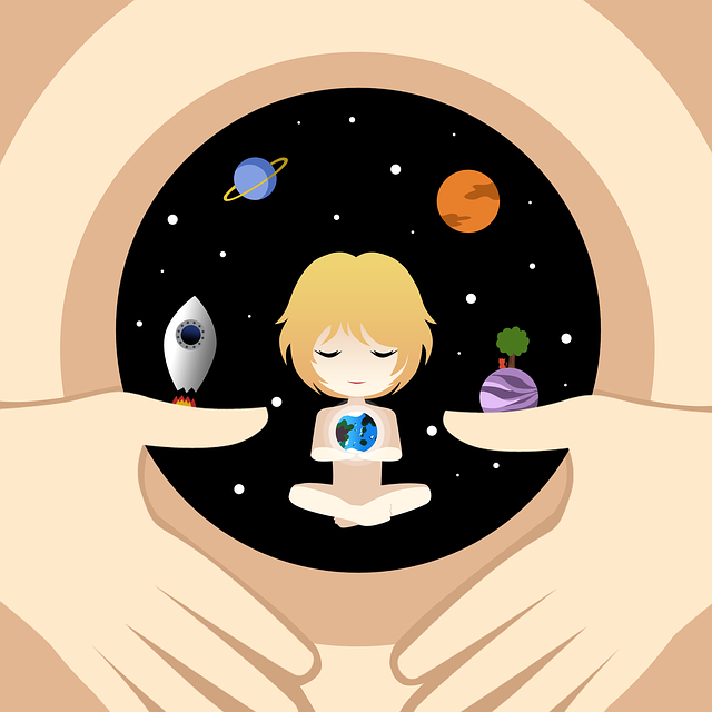 Ilustración de un útero que contiene en sí un universo y una niña interior.