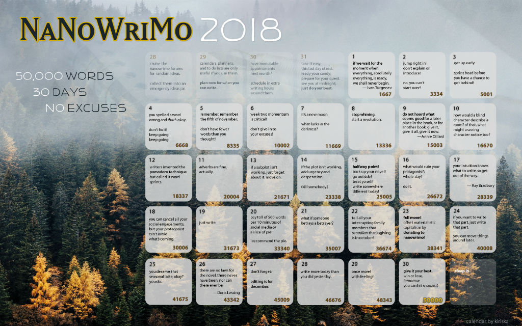 La imagen muestra un calendario con los días de noviembre para distribuir la escritura de la novela