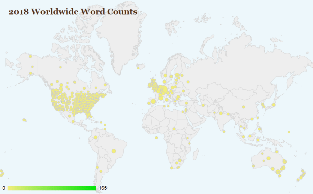 El mapa muestra las zonas del mundo donde hay grupos que se han apuntado al NaNoWriMo de 2018