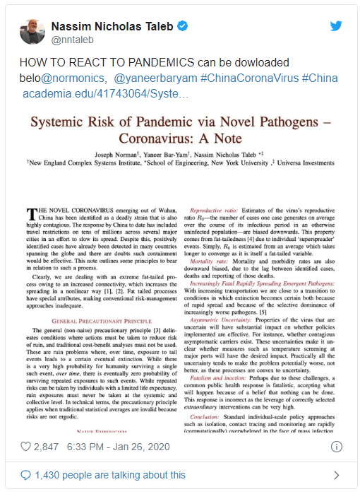 Publicación de Taleb sobre el coronavirus